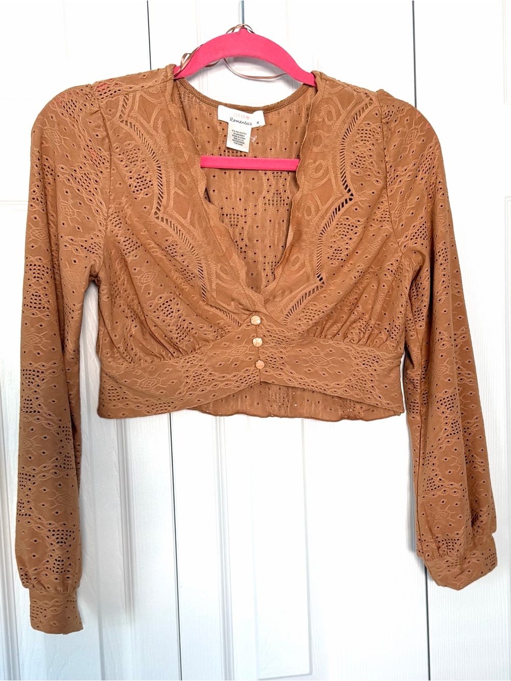 Urban Romantics Coquette Lace Crop Shirt Carmel Tan Long Sleeve V-Neck Sz M